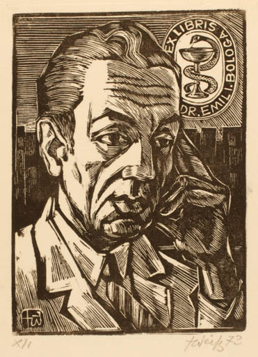 Exlibris by Helfried Weiss from Romania for Dr. Emil I. Bologa - Medicine Man Portrait 