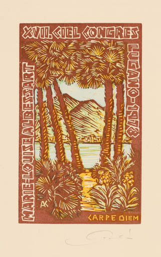 Exlibris by Kàroly Andrusko from Yugoslavia for Marie-Louise Albessart - Mountain Scenery/Landscape Palm tree 