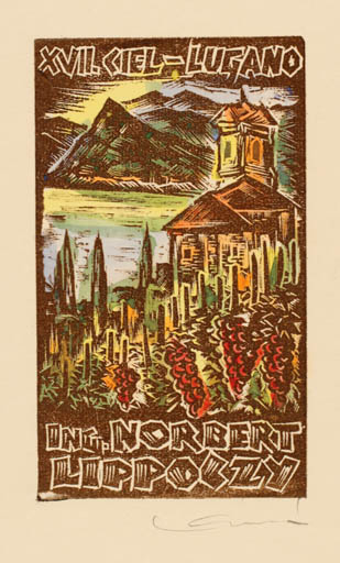 Exlibris by Kàroly Andrusko from Yugoslavia for Ing. Nobert Lippóczy - Mountain Exlibris Congress Church Scenery/Landscape Wine 