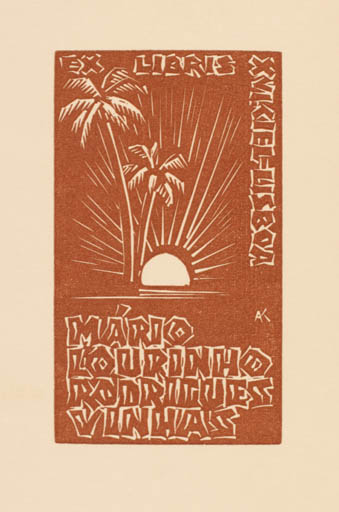 Exlibris by Kàroly Andrusko from Yugoslavia for Mario Rodrigues Vinhas - Flora Palm tree Sun 