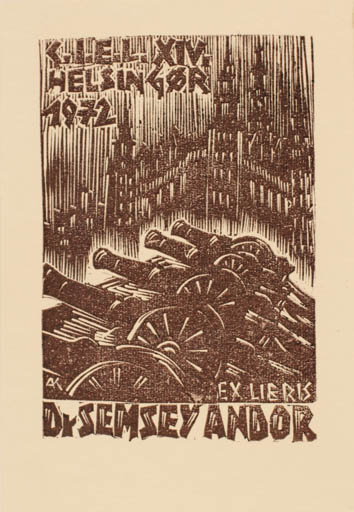 Exlibris by Kàroly Andrusko from Yugoslavia for Dr. Andor Semsey - Castle/Palace Exlibris Congress Weapon 