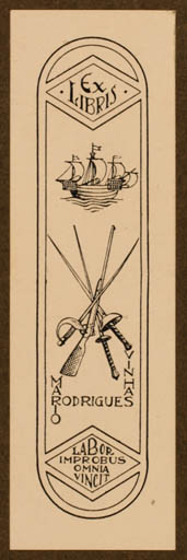Exlibris by ? Unbekannt from Portugal for Mario Rodrigues Vinhas - Ship/Boat Weapon 