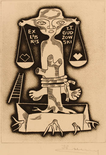 Exlibris by Alfonsas Cepaukas from Lithuania for Tadeusz T. Gudzowski - Surrealism 