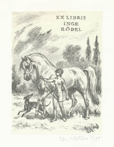 Exlibris by Emil Kotrba from Czechoslovakia for Inge Rödel - Horse Dog Woman 