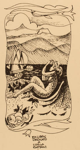 Exlibris by ? Unbekannt from Italy for Carla Buttaini - Woman Scenery/Landscape Maritime 