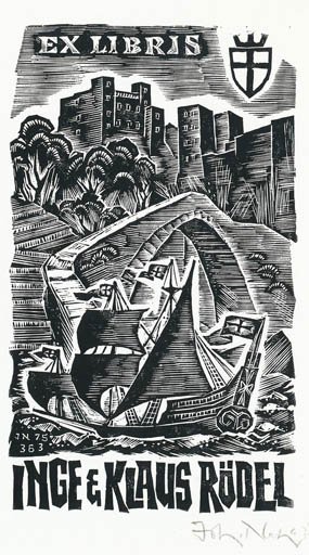 Exlibris by Johann Naha from Germany for Klaus & Inge Rödel - Castle/Palace Ship/Boat 