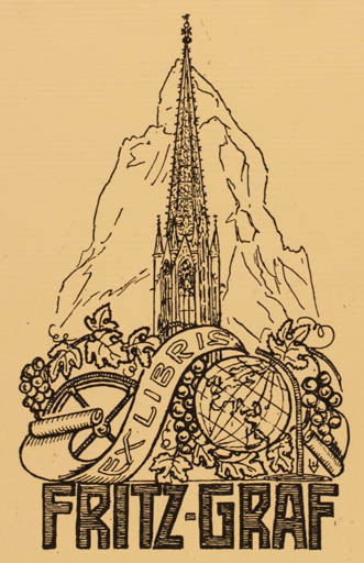 Exlibris by ? Unbekannt from Germany for Fritz Graf - Architecture Mountain Globe Wine 