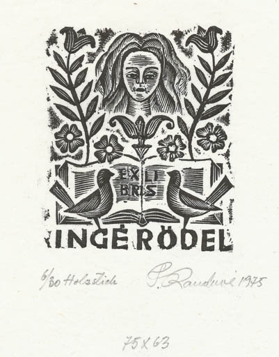 Exlibris by Petras Rauduve from Lithuania for Inge Rödel - Bird Woman Portrait 