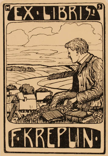 Exlibris by ? Unbekannt from Unknown for F. Kreplin - Book Scenery/Landscape Man 