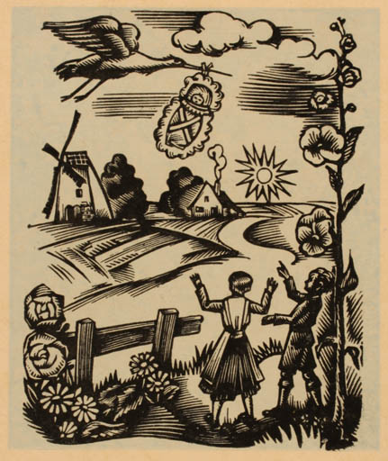 Exlibris by ? Unbekannt from Belgium for ? Geburtsanzeige - Child Bird Scenery/Landscape Mill 