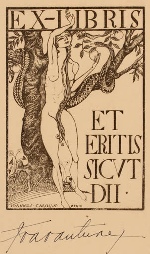 Exlibris by ? Unbekannt from Unknown for Ioannes Carolvos - Adam and Eve Woman Nude Religion 