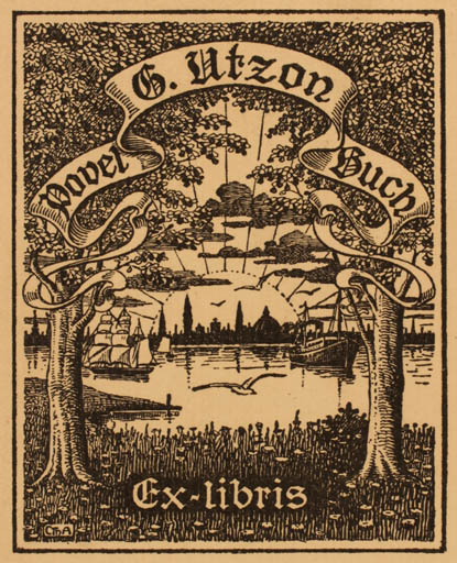Exlibris by ? Unbekannt from Unknown for G. Utzon - Scenery/Landscape Maritime Ship/Boat Tree 