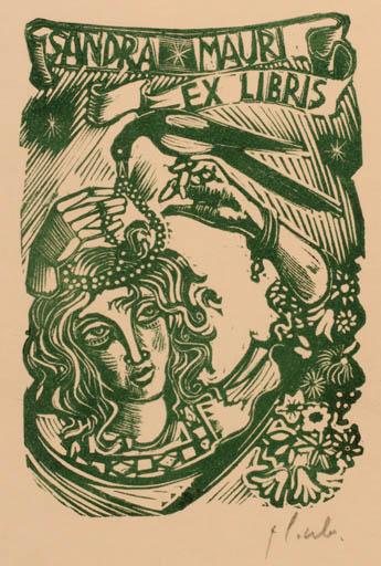 Exlibris by ? Unbekannt from Unknown for Sandra Mauri - Bird Hand(s) Woman 